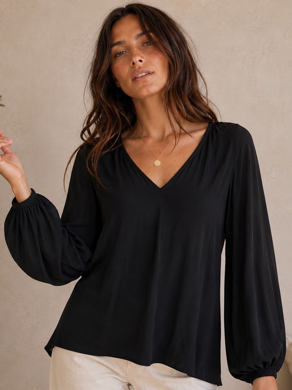 Jackson Rowe Black V-Neck Balloon Sleeve Viscose Blouse